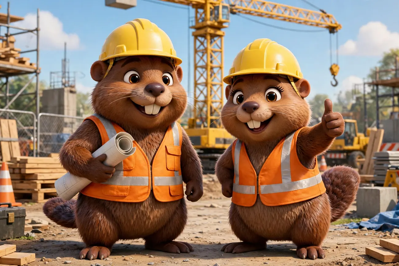 Bruno and Bella, two beaver builders in yellow hard hats and orange vests — Bruno holds a rolled-up blueprint, Bella gives a thumbs up