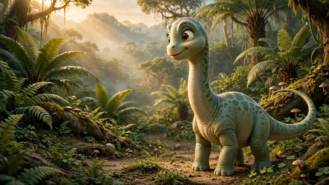 Daisy the Diplodocus, a friendly young dinosaur with sage-green skin and big amber eyes, standing beside the dig.