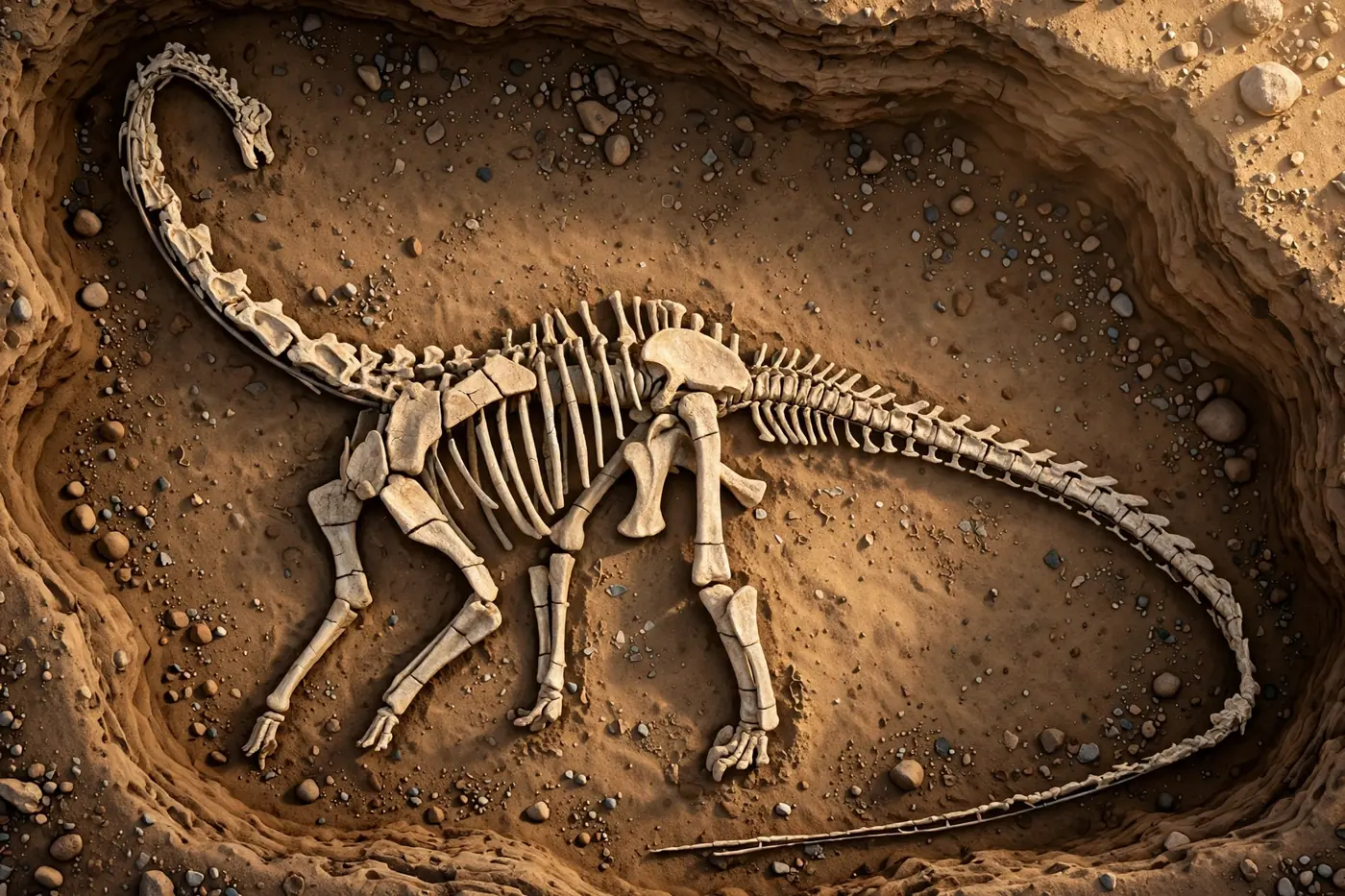 A Diplodocus fossil skeleton resting in the excavation pit, revealed as you brush.