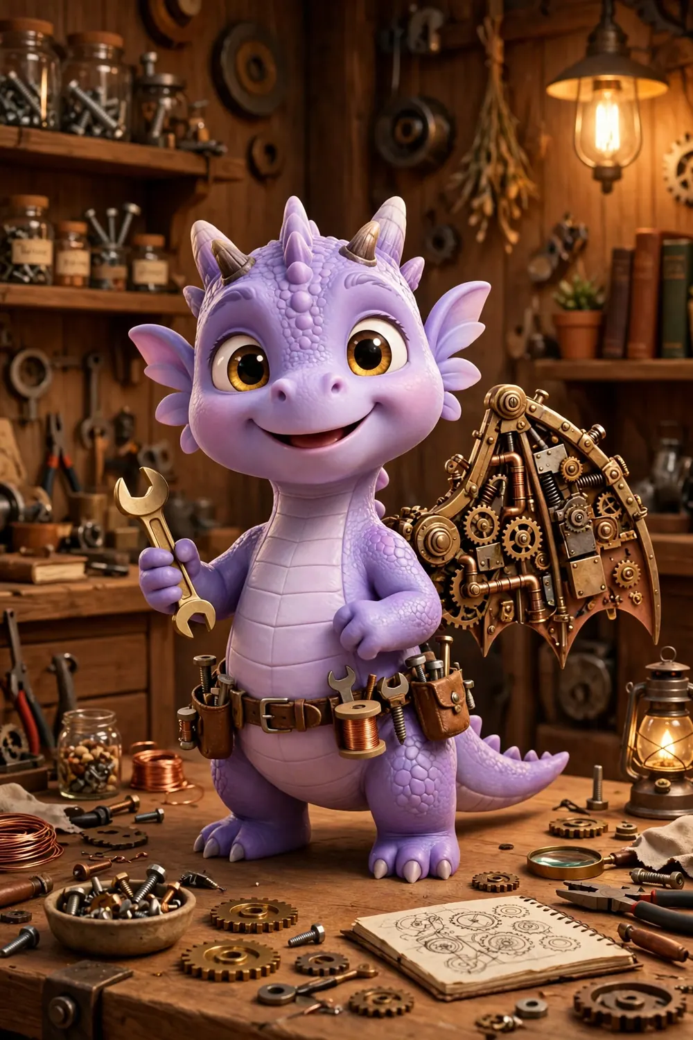 Professor Ember, the baby dragon inventor, holding her golden wrench beside her mechanical wing