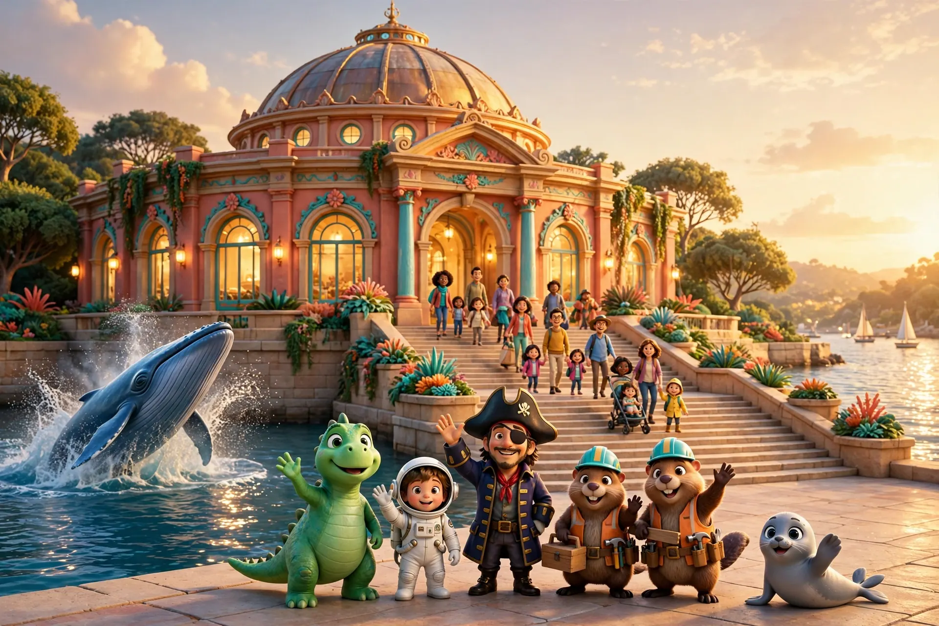 The grand entrance of Harbor House at golden hour, with Daisy, Nova, Captain Coral, the builder beavers, Pip and Willa splashing in the harbour to welcome you