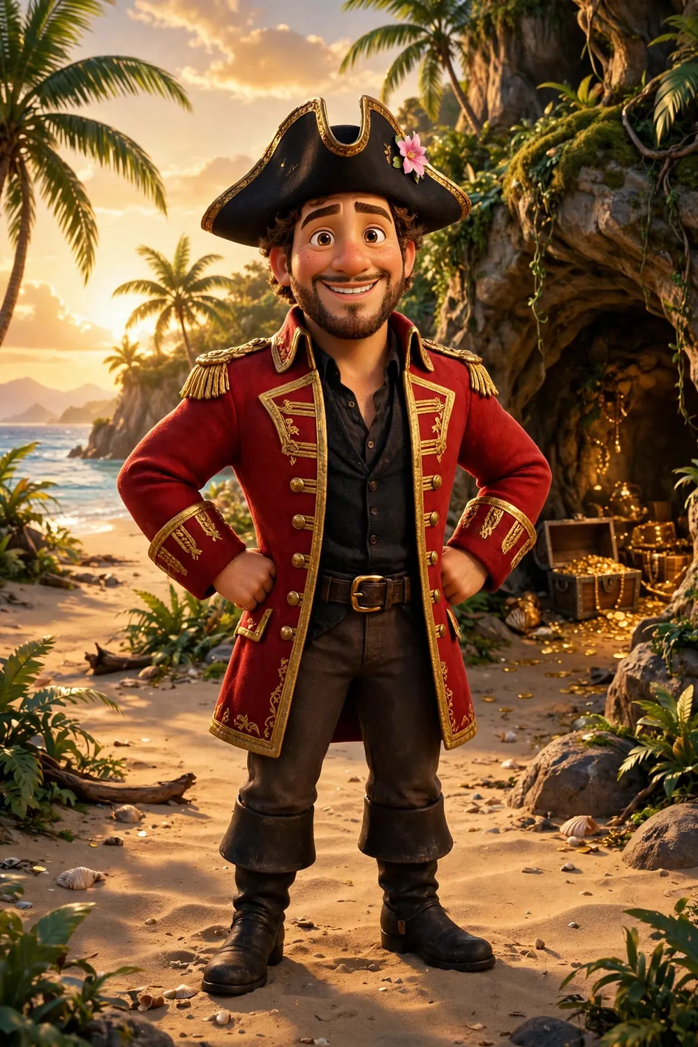 Captain Coral, a friendly pirate captain in a red coat and a tricorn hat with a pink flower