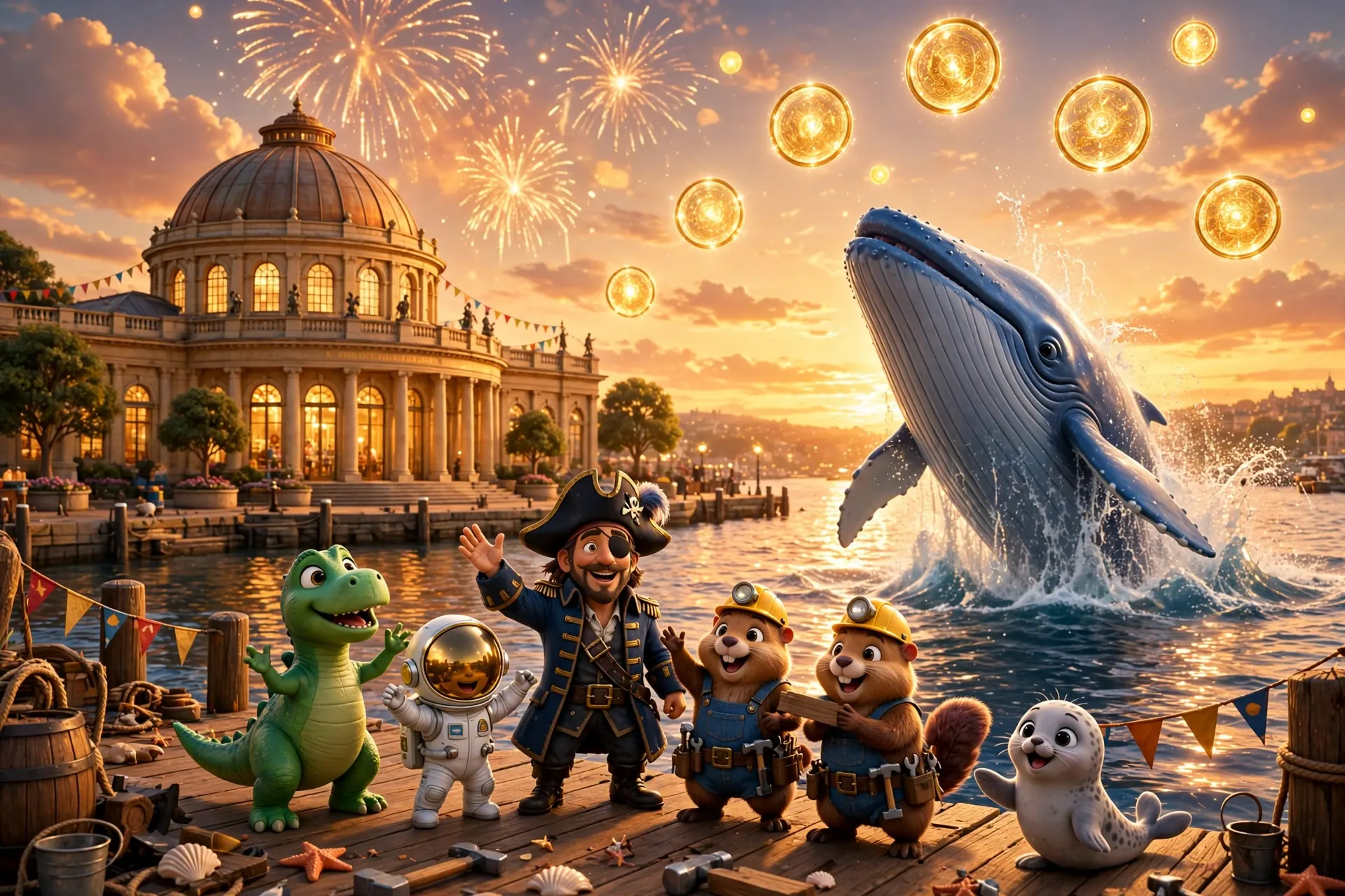 The whole Harbor House crew celebrating at the harbour at golden hour, with Willa breaching and golden medallions floating in the sky