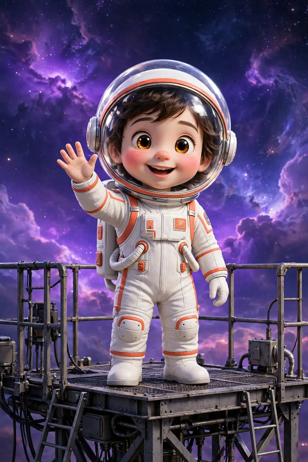 Nova, the young astronaut flight director of Mission Space, in her white and orange spacesuit.